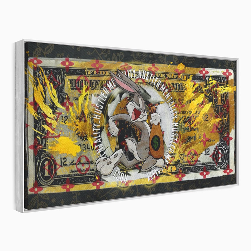 Tablou canvas cu tablou canvas cu dolar si bugs bunny, in rama de aluminiu argintiu
